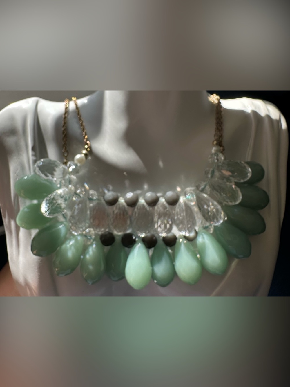 ZAD Double Gold-Tone Necklace Mint Green Gray & Clear Teardrops Facet Beads